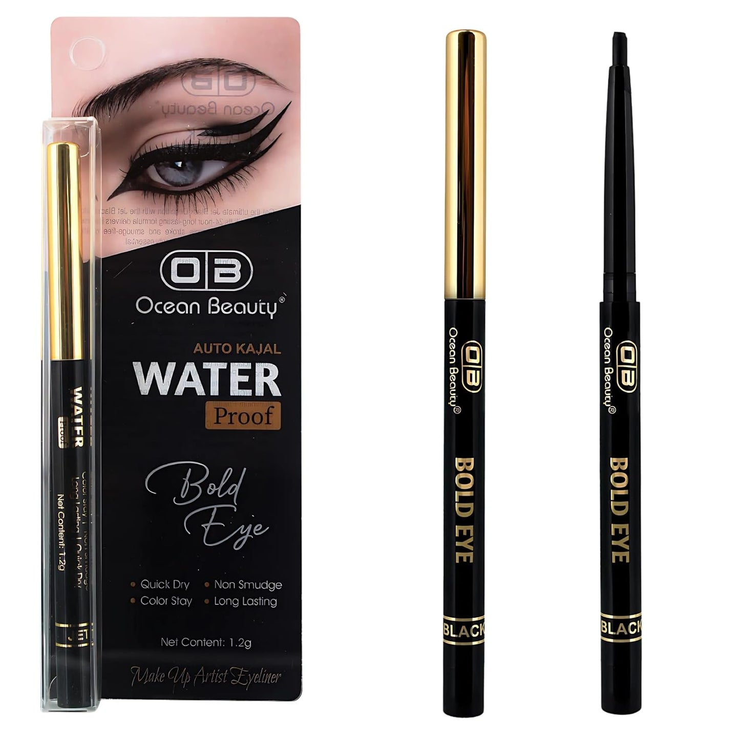Ocean Beauty Bold Eye Waterproof Auto Kajal, Black, Quick Dry, Non-Smudge, Long Lasting, 1.2g
