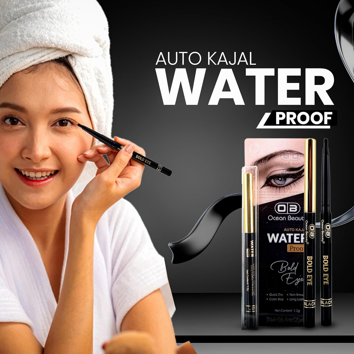 Ocean Beauty Bold Eye Waterproof Auto Kajal, Black, Quick Dry, Non-Smudge, Long Lasting, 1.2g