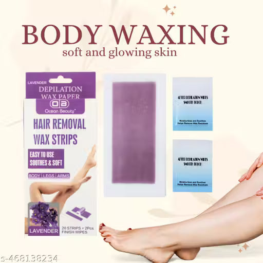 OCEAN BEAUTY Ready-To-Use Full Body Wax Strips With 2 Pcs Wipes & 20 wax Stripss Easy To Use Body/Legs/Arms Lavener flavor