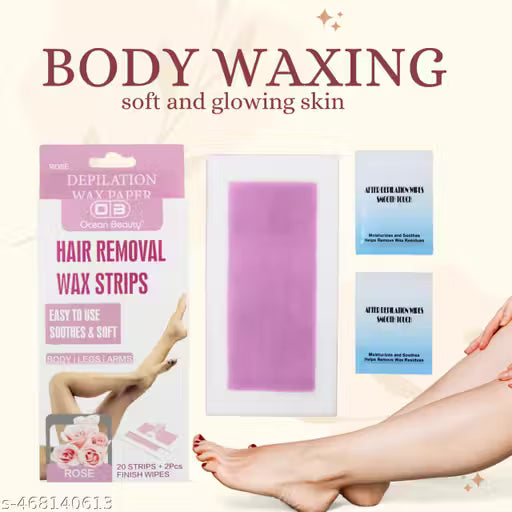 OCEAN BEAUTY Wax Strips | Ready-To-Use body Wax Strips 20 Strips & 2 pcs Finish Wipes Easy To Use Body/Legs/Arms with Rose Flavor