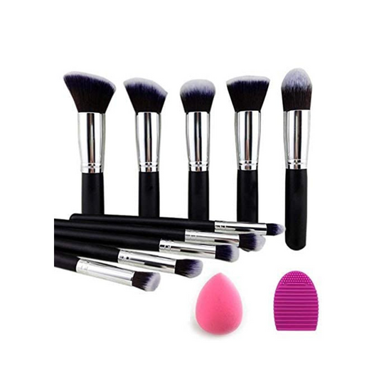 URBANMAC Premium Synthetic Kabuki Foundation Face Powder Blush Eyeshadow Brush Makeup Brush Kit with Blender Sponge and Brush Cleaner (10 pcs, Black/Silver)