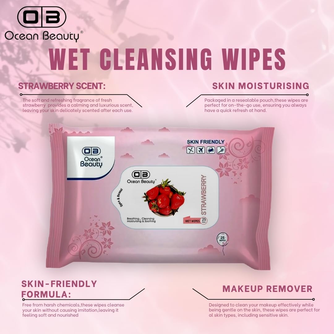 Ocean Beauty Face Cleaning & Makeup Remover Wipes,Wtih Strawberry Extracts, Cleansing And Hydrating Facial Wipes, Wipes 25N Each Pack of 4,Breathing-Cleansing-Moisturing-Soothing Wipes