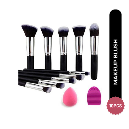 URBANMAC Premium Synthetic Kabuki Foundation Face Powder Blush Eyeshadow Brush Makeup Brush Kit with Blender Sponge and Brush Cleaner (10 pcs, Black/Silver)