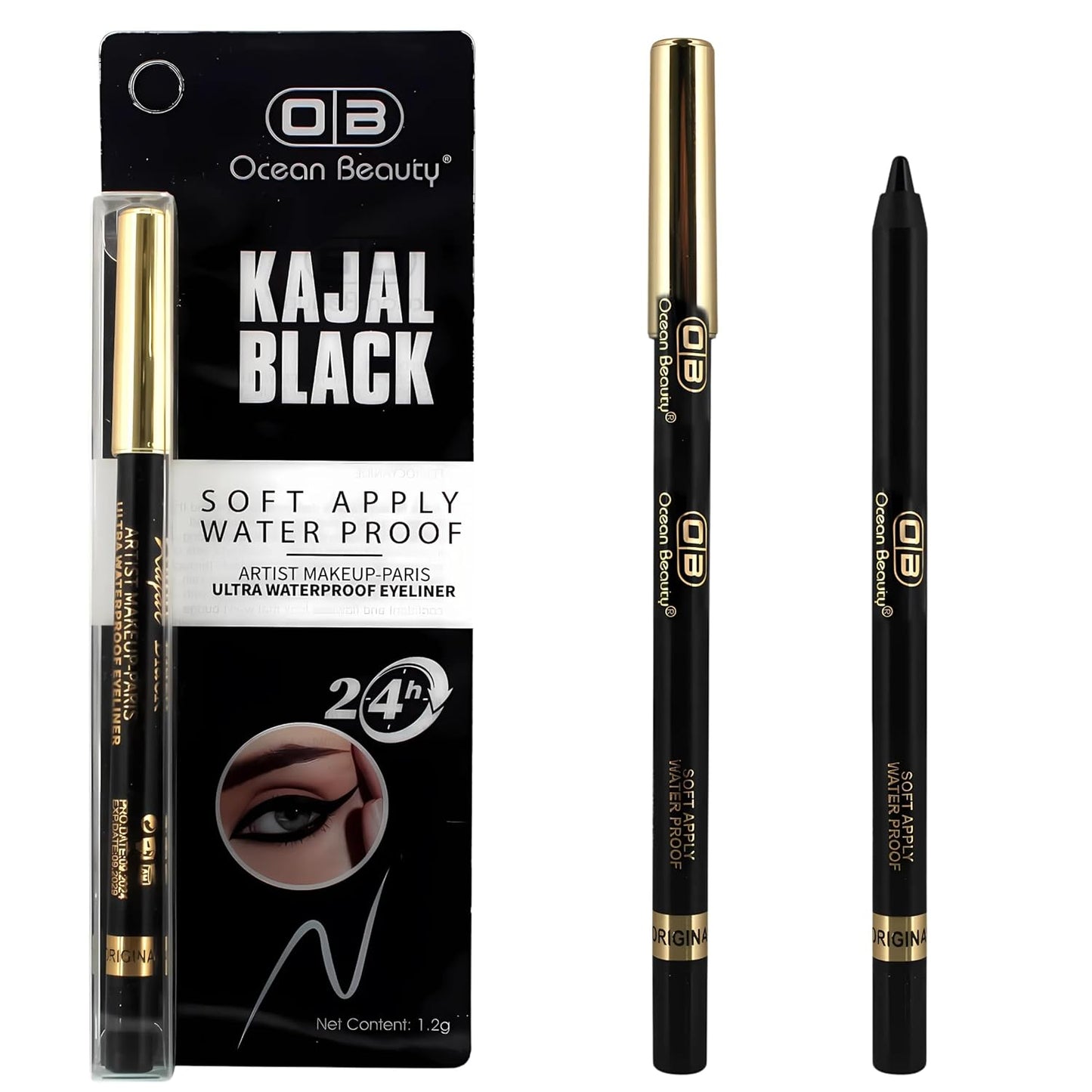 Ocean Beauty Kajal Black Eyeliner, Ultra-waterproof kajal eyeliner, Soft Apply, Quick Dry, Long lasting,LONG-LASTING: 24-hour 1.2g