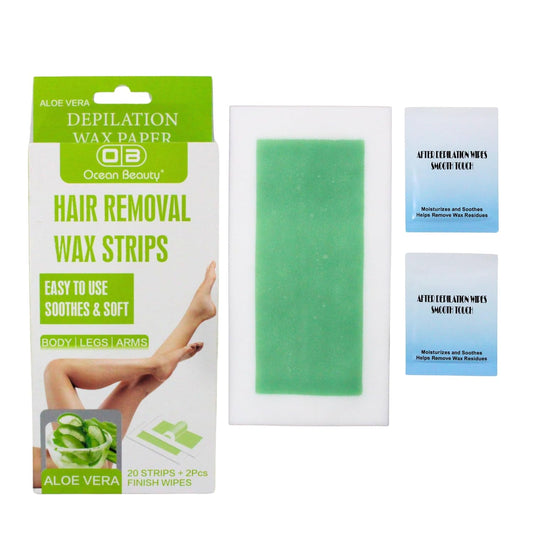 OCEAN BEAUTY Wax Strips | Ready-To-Use body Wax Strips 20 Strips & 2 pcs Finish Wipes Easy To Use Body/Legs/Arms with Aloe Vera