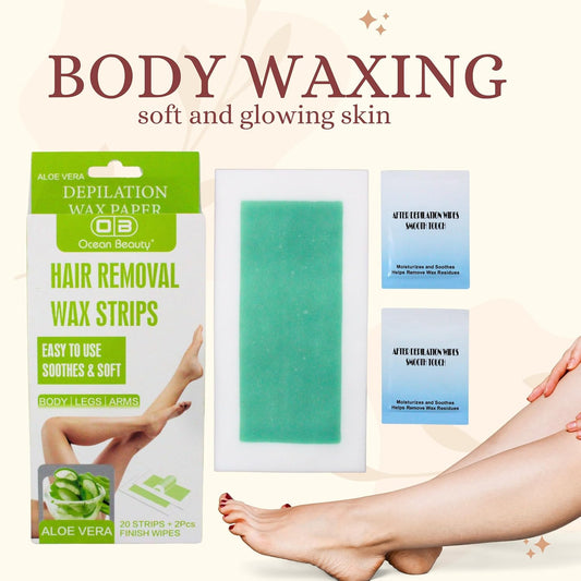 OCEAN BEAUTY Wax Strips | Ready-To-Use body Wax Strips 20 Strips & 2 pcs Finish Wipes Easy To Use Body/Legs/Arms with Aloe Vera