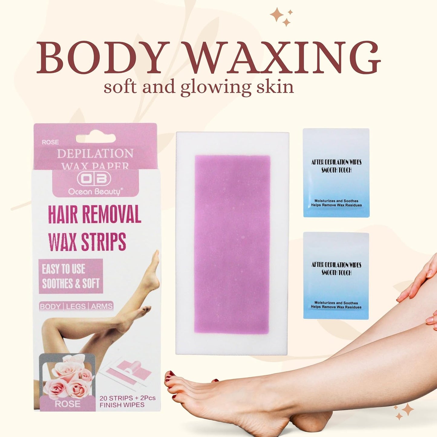 OCEAN BEAUTY Wax Strips | Ready-To-Use body Wax Strips 20 Strips & 2 pcs Finish Wipes Easy To Use Body/Legs/Arms with Rose Flavor