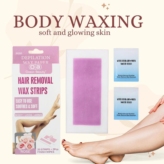 OCEAN BEAUTY Wax Strips | Ready-To-Use body Wax Strips 20 Strips & 2 pcs Finish Wipes Easy To Use Body/Legs/Arms with Rose Flavor