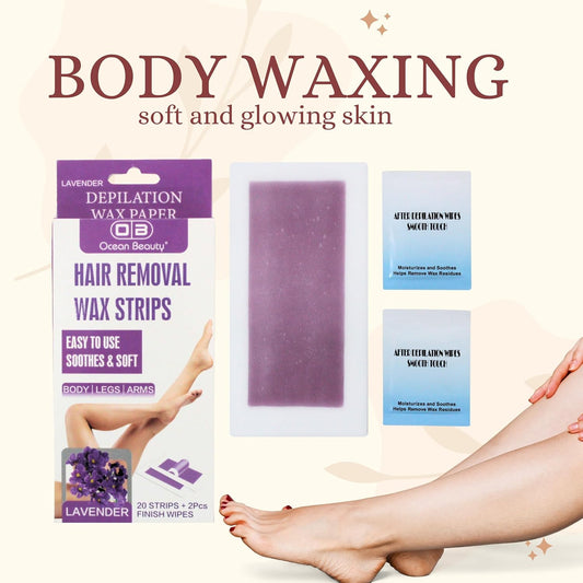 OCEAN BEAUTY Ready-To-Use Full Body Wax Strips With 2 Pcs Wipes & 20 wax Stripss Easy To Use Body/Legs/Arms Lavener flavor