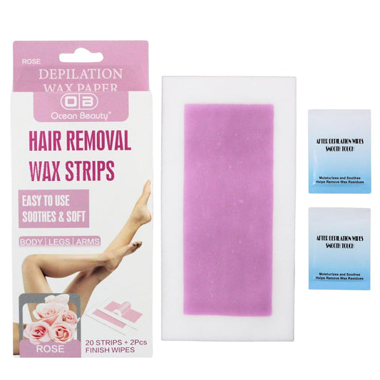 OCEAN BEAUTY Wax Strips | Ready-To-Use body Wax Strips 20 Strips & 2 pcs Finish Wipes Easy To Use Body/Legs/Arms with Rose Flavor